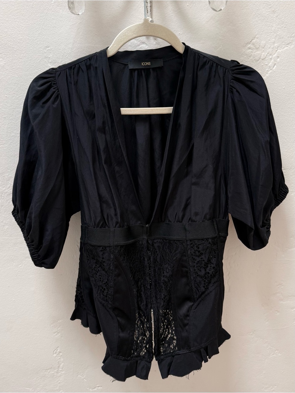 ICONS Black Satin & Lace Puff Sleeve Top